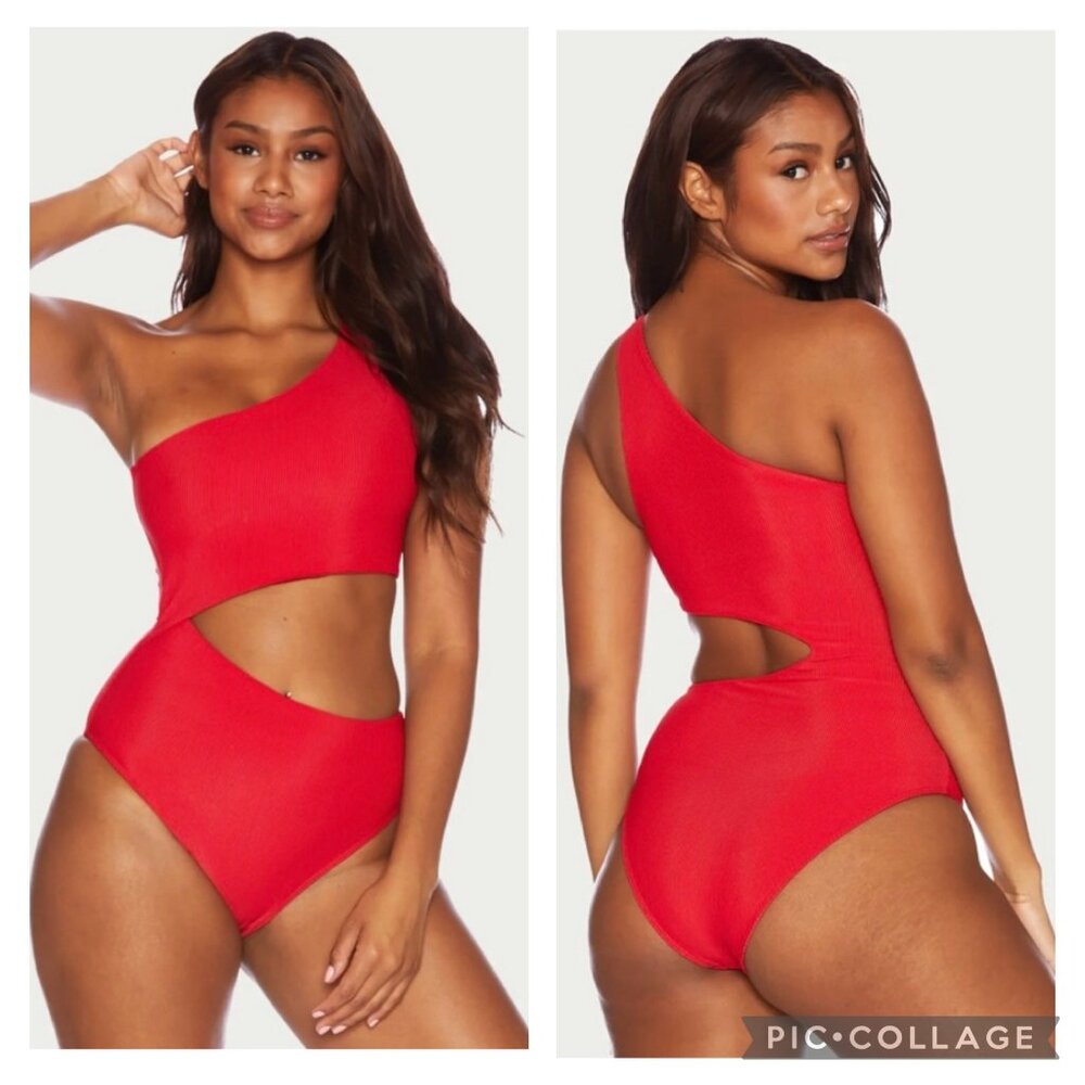 Beach Riot Celine‎ One Shoulder Rib Swimsuit Red XL